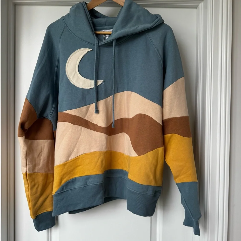 Simply Southern Moon Hoodie L Cozy Colorblock Boho Western Sweatshirt Oversized - Picture 1 of 7